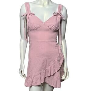 Shein Pink Linen Blend Ruffle Wrap Mini Dress Tie Straps Sweetheart XS 2